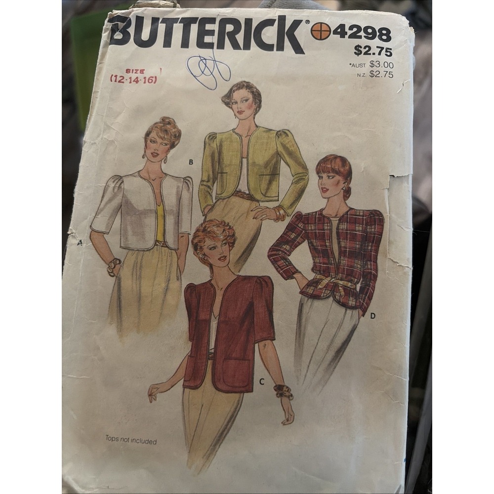 Vintage Butterick 4298 Size 12-14-16 Jackets Cut Complete Sewing Pattern